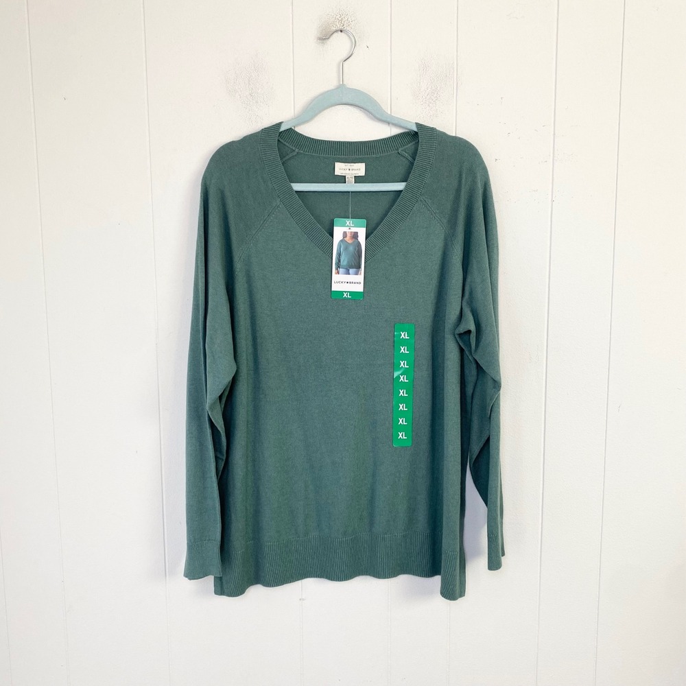Lucky Brand Sea Pine Green V-Neck Raglan Sleeve Knit Sweater XL